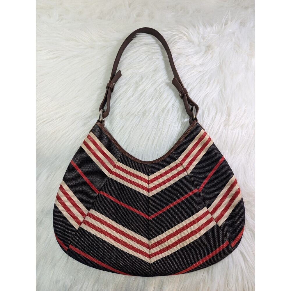 Authentic Burberry Blue Vintage London Hobo Bag Horizontal Stripes Retired Japan